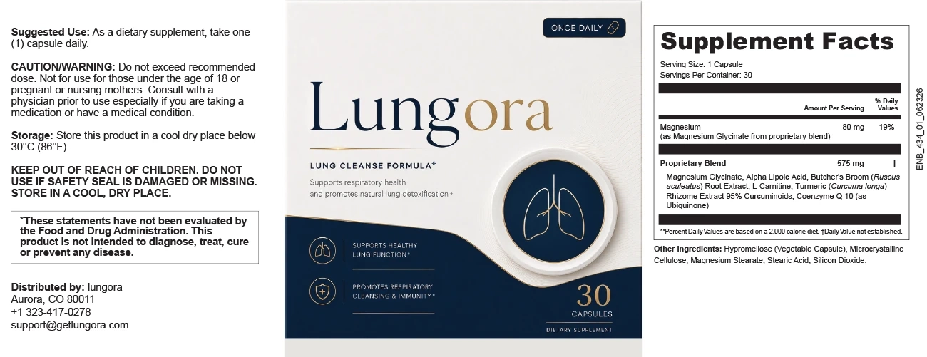 Lungora Supplement Facts label showing magnesium and a 575 mg proprietary blend
